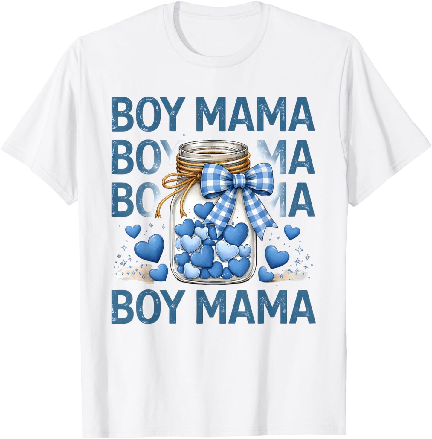 Proud Boy Mama Blue Hearts Mason Jar Gingham Bow T-Shirt - T-Shirt | White