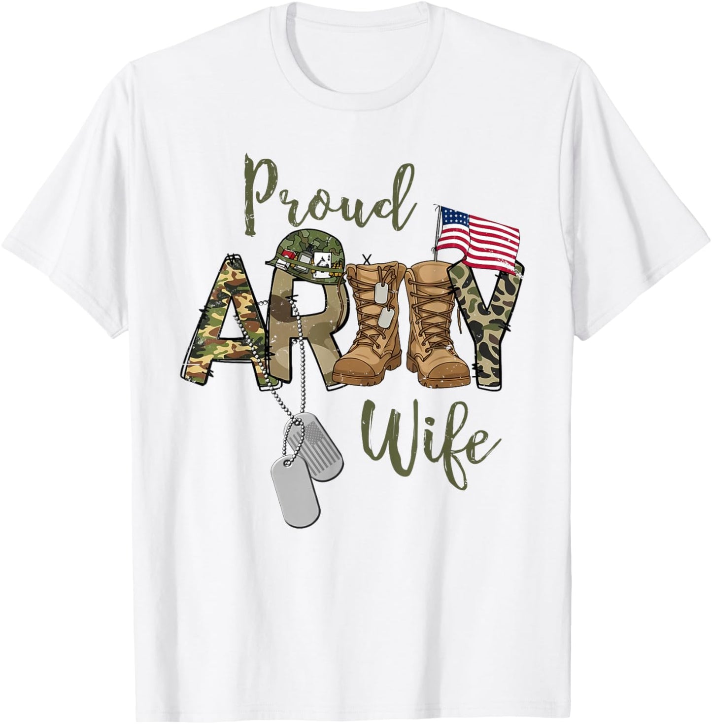 Proud Army Wife Military Wife with Dog Tag US Flag T-Shirt - T-Shirt | White