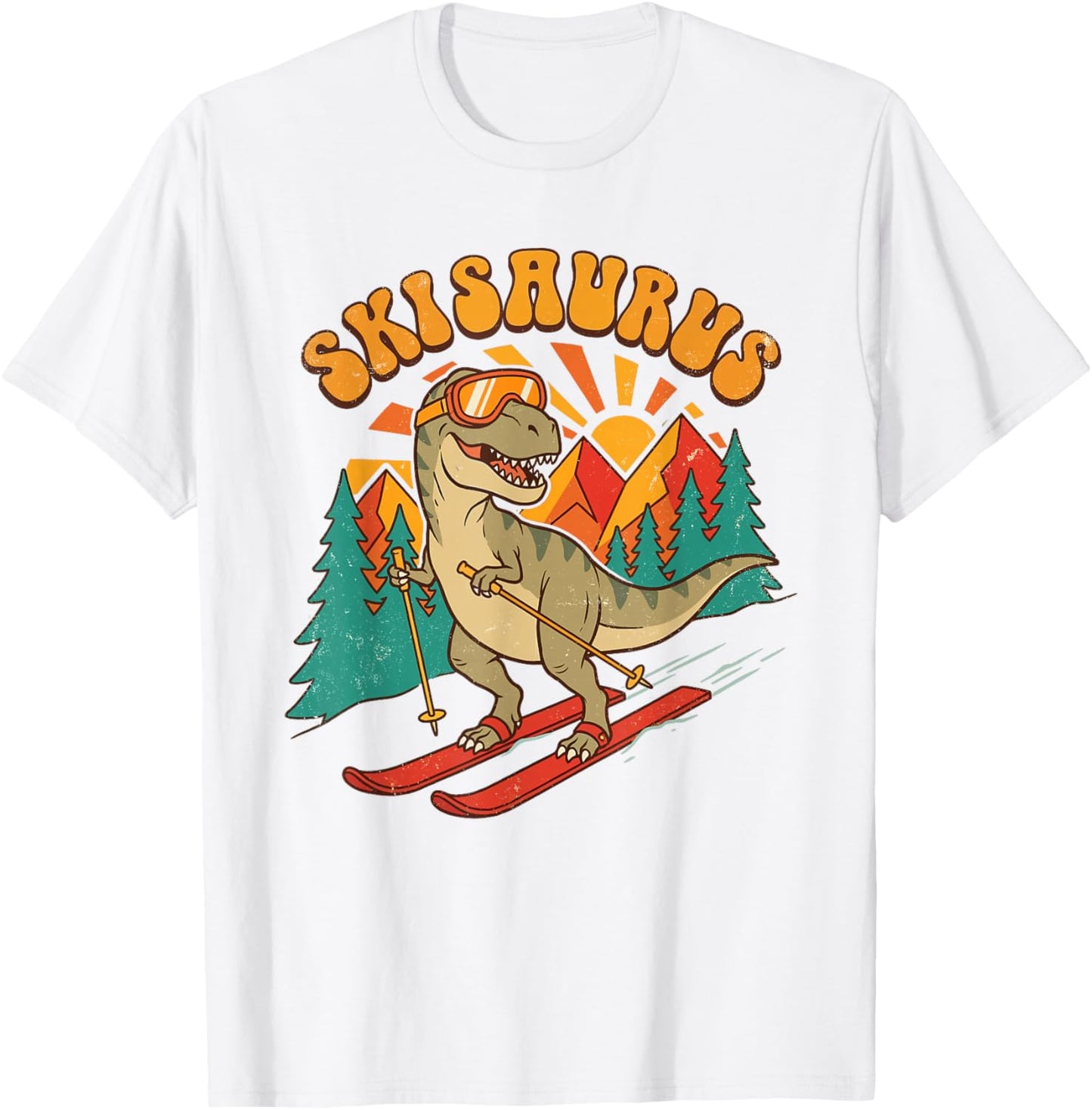 Skisaurus Skiing Dinosaur Vintage Winter Sports T-Shirt - T-Shirt | White