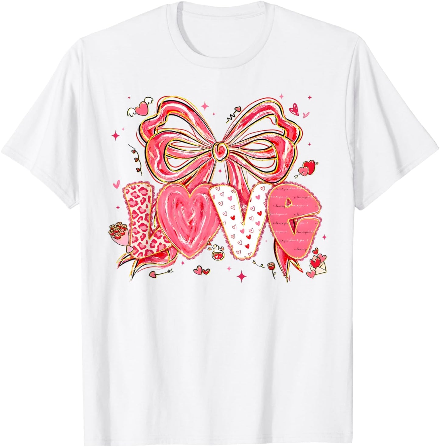 Coquette Bow Hearts Love Valentine XOXO Be Mine Cute Girly T-Shirt - T-Shirt | White