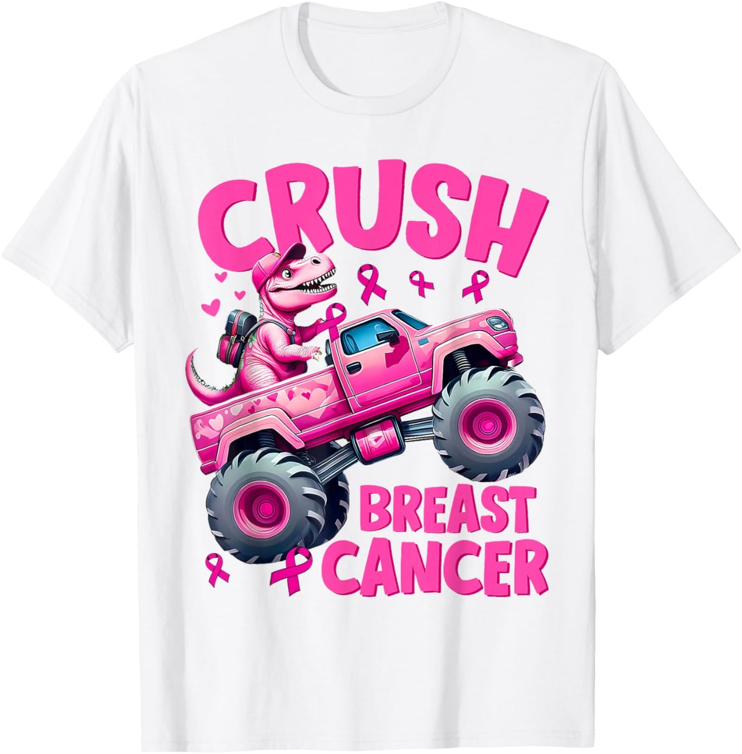 Crush Breast Cancer Pink T-Rex Dinosaur Monster Truck Boys T-Shirt - T-Shirt | White