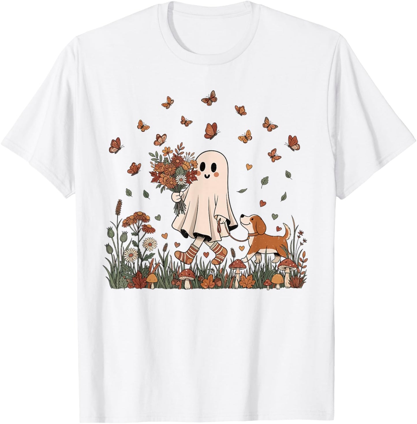 Vintage Halloween Cute Ghost Dog Mom Boho Floral Fall Vibes T-Shirt - T-Shirt | White