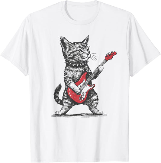 Vintage Cat Playing Guitar T-Shirt - T-Shirt | White