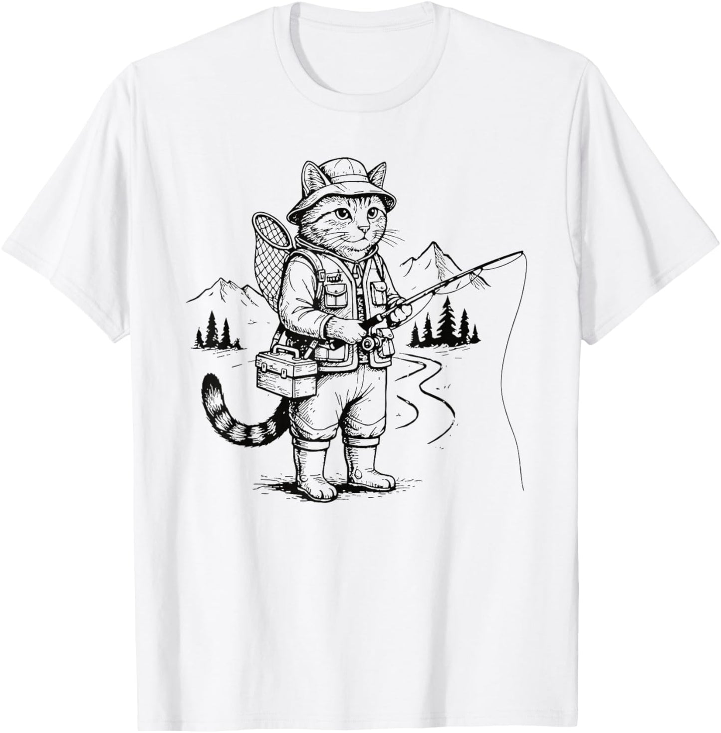 Fish Cat Fisherman T-Shirt - T-Shirt | White
