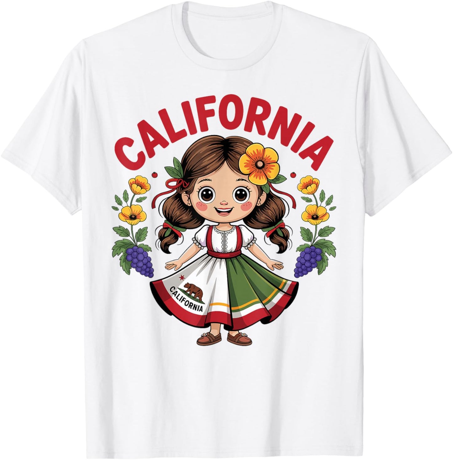 Cute California Girl in State Flag Dress and Flowers Girls T-Shirt - T-Shirt | White