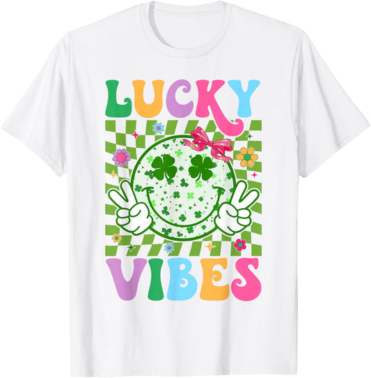 Groovy St Patricks Day Lucky Vibes Shamrock Women Girls Kids T-Shirt - T-Shirt | White