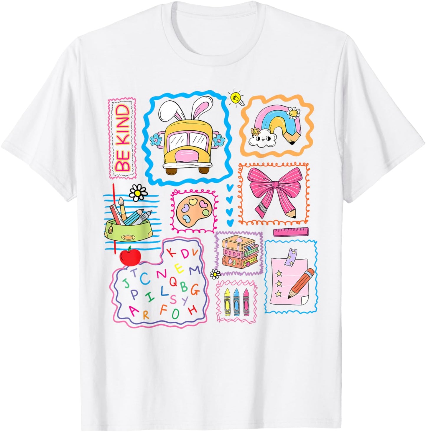 Be Kind School Girls Teacher Coquette Bow Bus Rainbow Crayon T-Shirt - T-Shirt | White