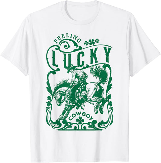 Retro Feeling Lucky Western Cowboy St Patricks Day Shamrock T-Shirt - T-Shirt | White
