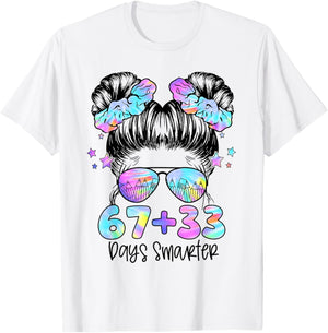 67 33 Days Smarter Messy Bun Girl 100th Day of School Kids T-Shirt - T-Shirt | White