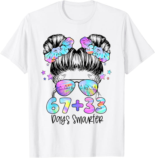 67 33 Days Smarter Messy Bun Girl 100th Day of School Kids T-Shirt - T-Shirt | White