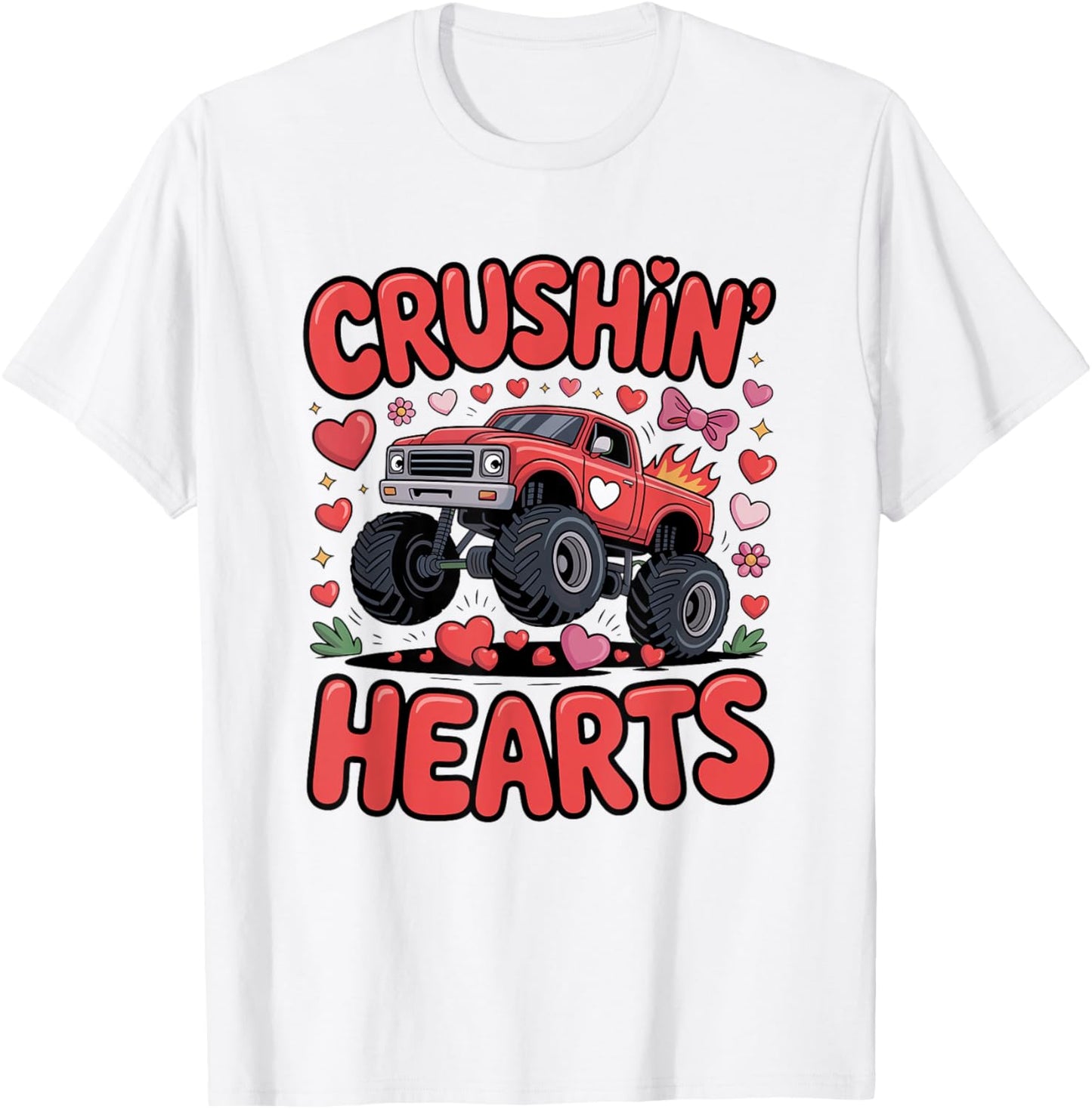 Crushin' Hearts Monster Truck Valentine Graphic T-Shirt - T-Shirt | White
