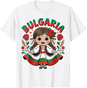 Cute Bulgarian Girl in Traditional Folk Dress for Kids T-Shirt - T-Shirt | White