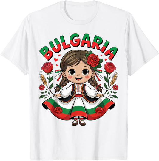Cute Bulgarian Girl in Traditional Folk Dress for Kids T-Shirt - T-Shirt | White