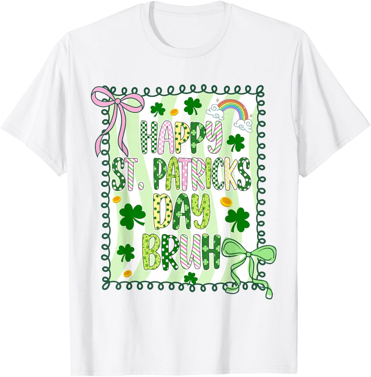 Bruh Happy St Patricks Day Kids Coquette Girls Bow Shamrock T-Shirt - T-Shirt | White