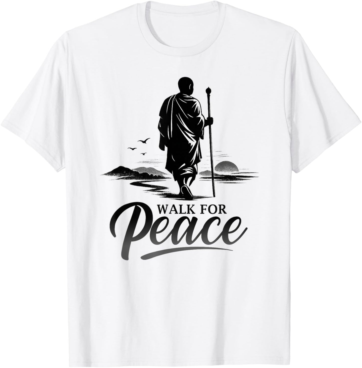 Retro Walk for Peace Monks with Aloka Dog Minimalist Zen Art T-Shirt - T-Shirt | White