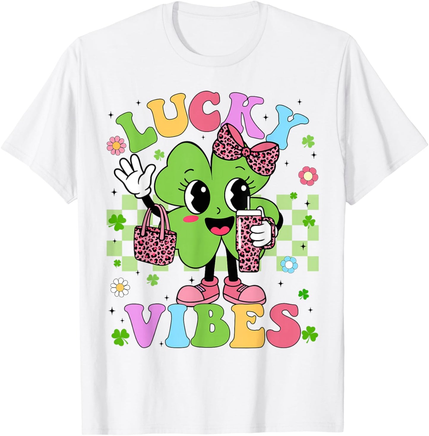Lucky Vibes Cute Shamrock Leopard St Patricks Girl Kid Women T-Shirt - T-Shirt | White