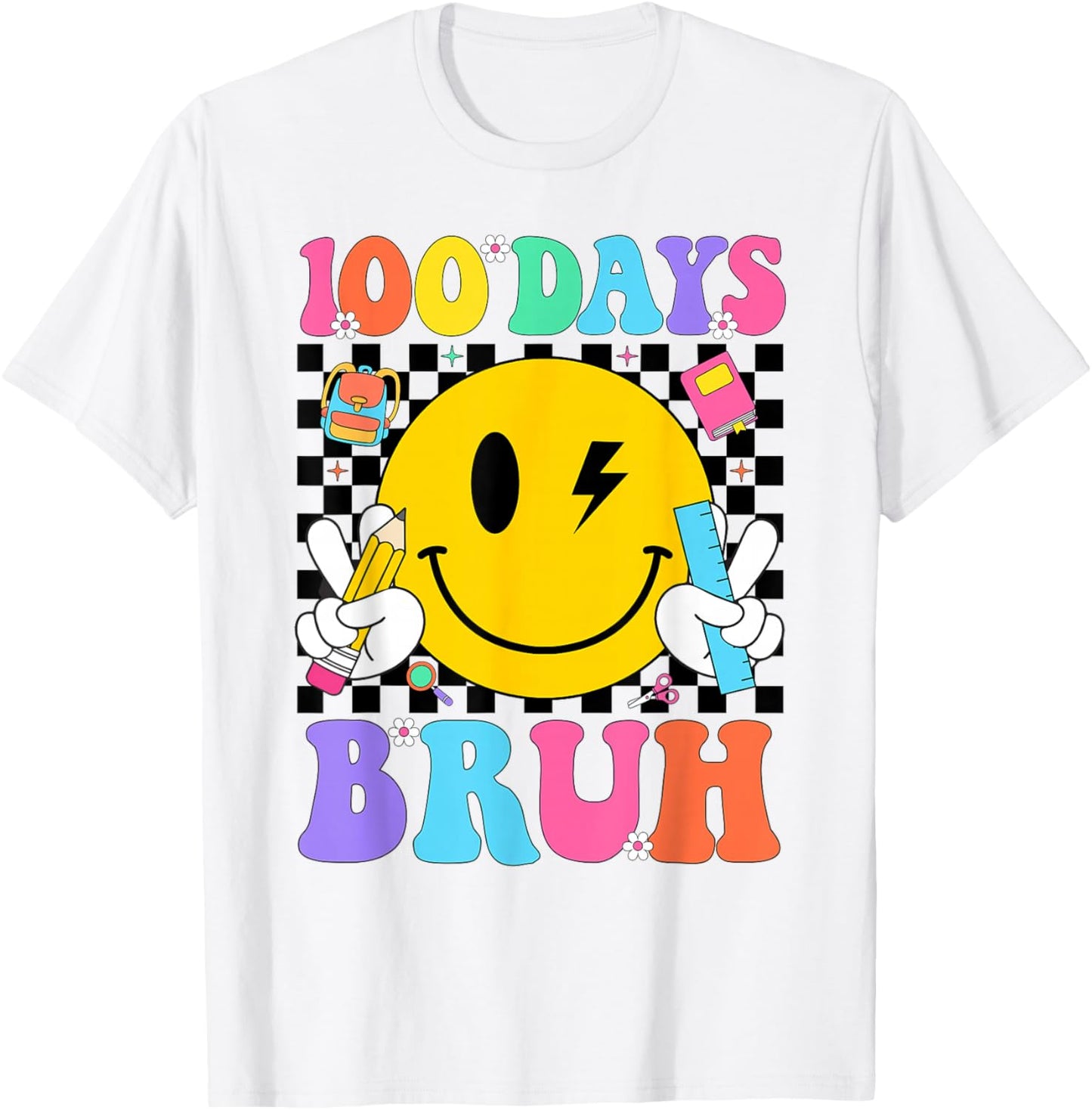100 Days Bruh Retro Smile Face Boys Girls Kids 100th Day T-Shirt - T-Shirt | White