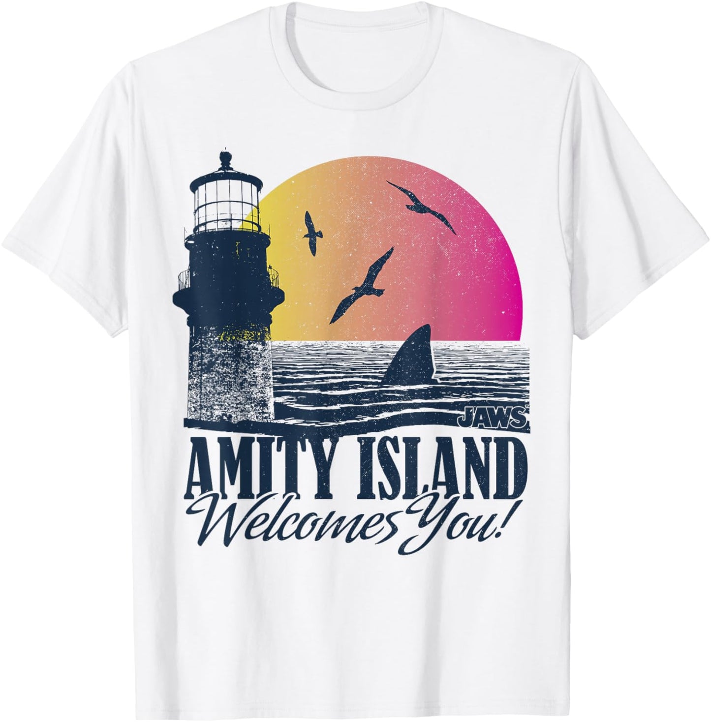 Jaws Amity Island Welcomes You Shark Fin Sunset T-Shirt - T-Shirt | White