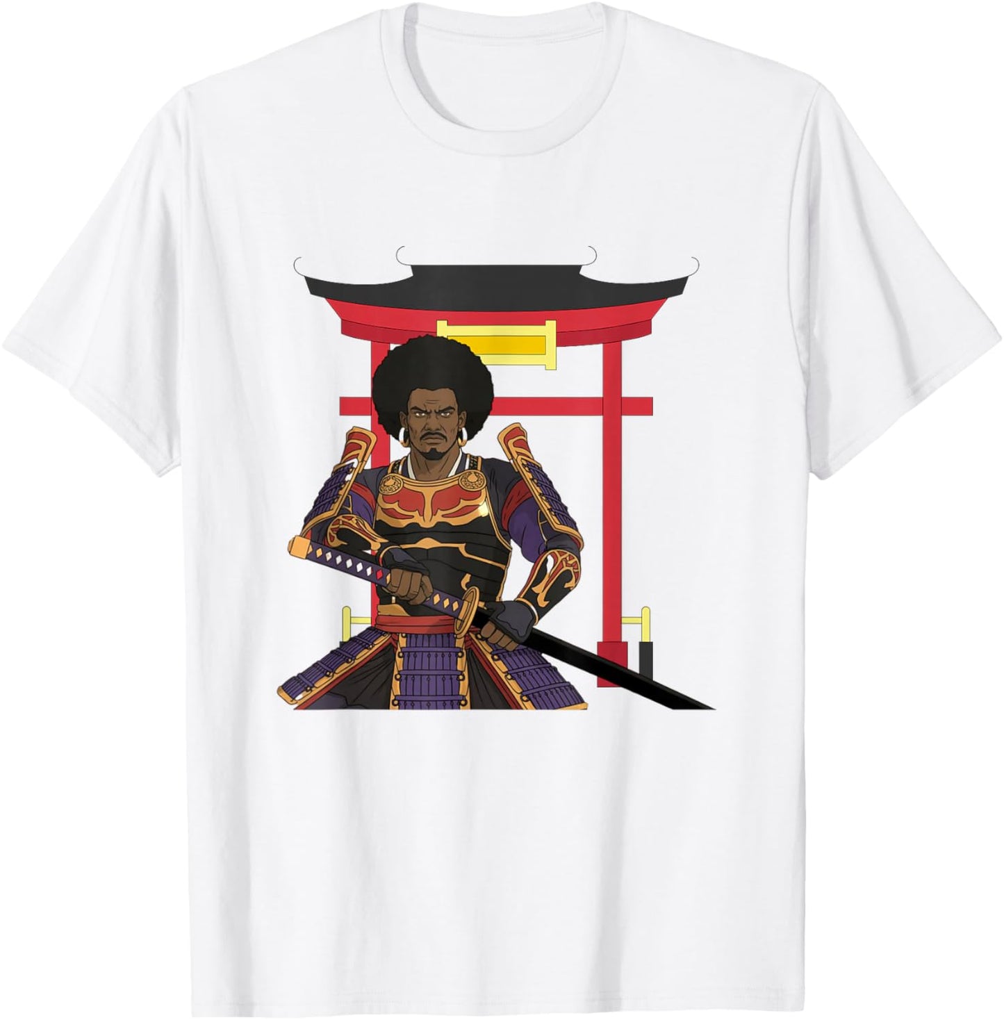 African Samurai Warrior Katana Torii Gate Japanese Bushido T-Shirt - T-Shirt | White