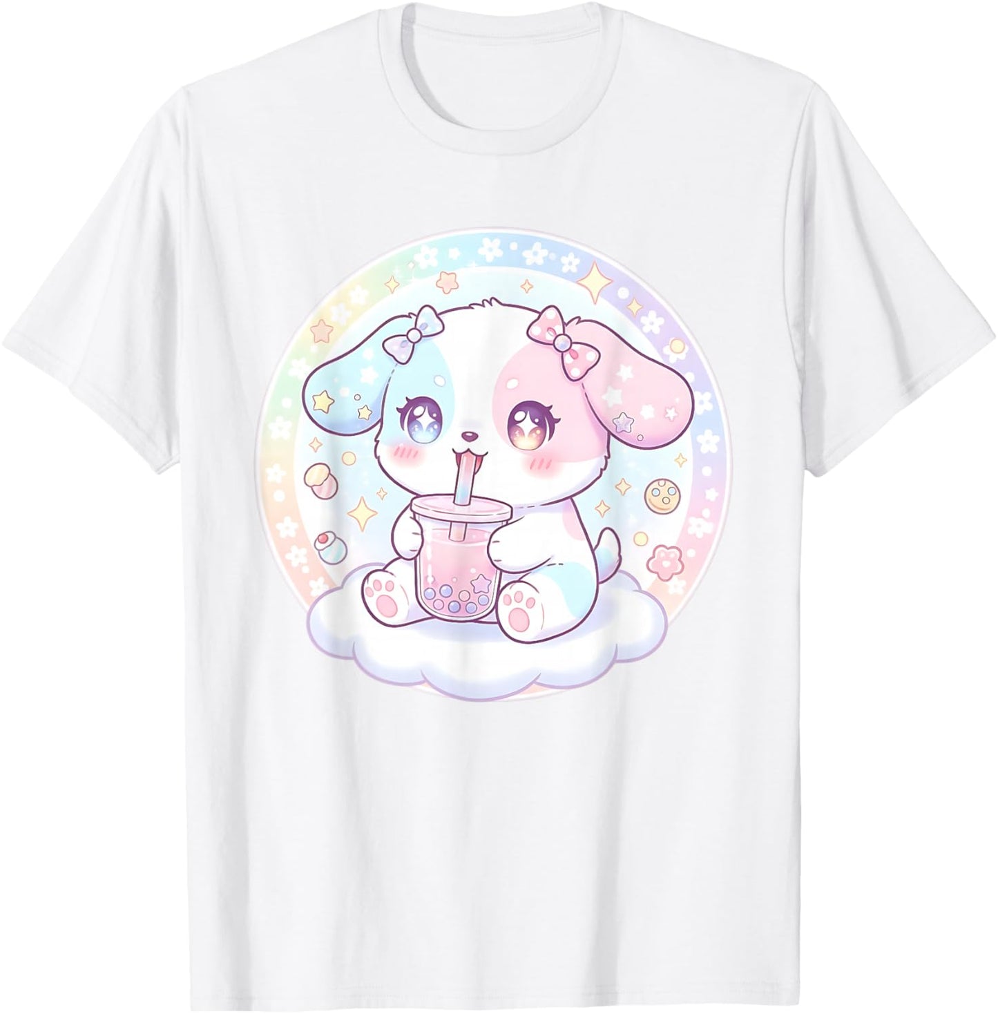Puppy Dog Drinking Boba Tea Cute Girls Graphic T-Shirt - T-Shirt | White