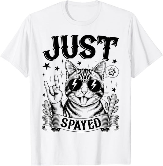 Just Spayed Retro Funny Cat Shirt Cool Cat Lover Gift T-Shirt - T-Shirt | White
