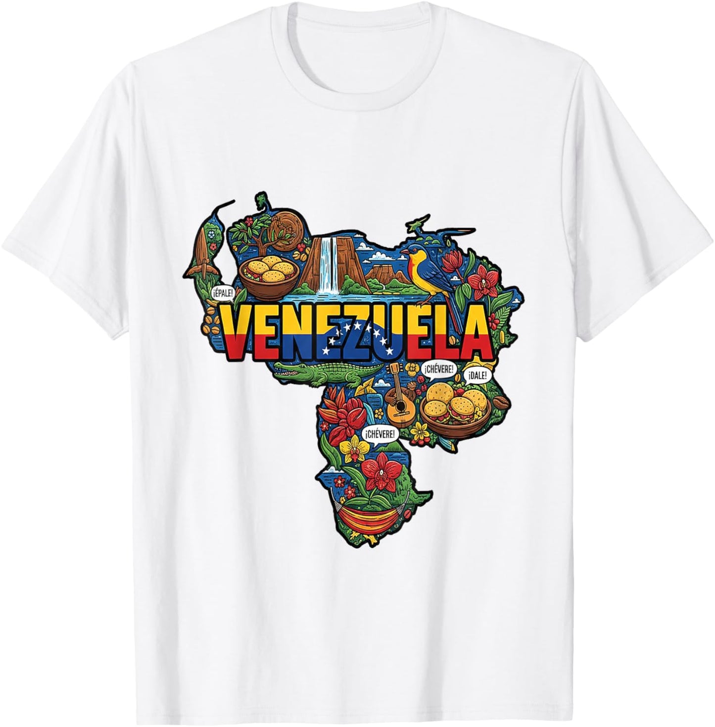Venezuela Map Cultural Icons Flag Arepa Salto Angel T-Shirt - T-Shirt | White