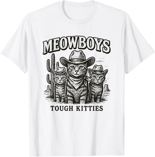 Meowboys Tough Kitties Country Western Cowboy Cat T-Shirt - T-Shirt | White
