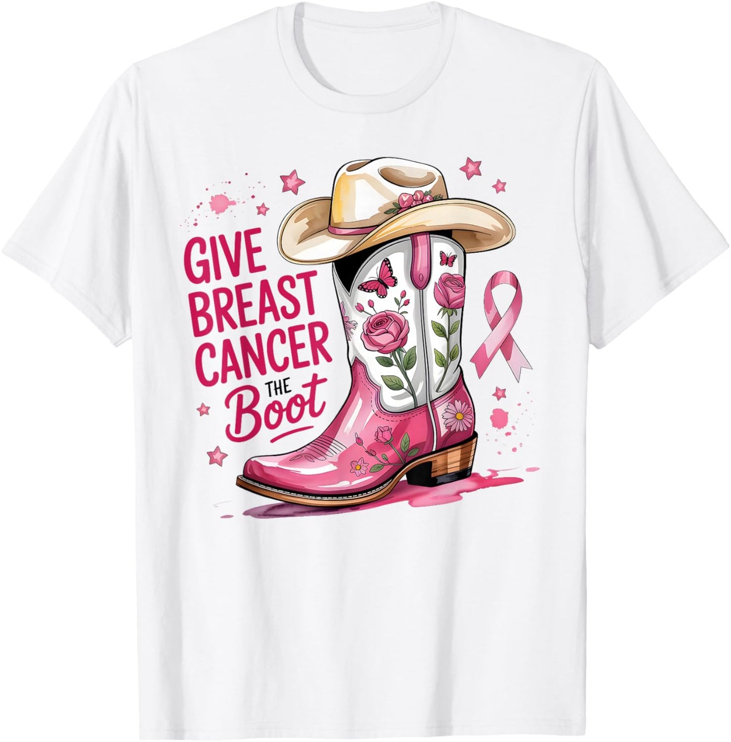 Give Breast Cancer The Boot Breast Cancer Pink Ribbon Women T-Shirt - T-Shirt | White