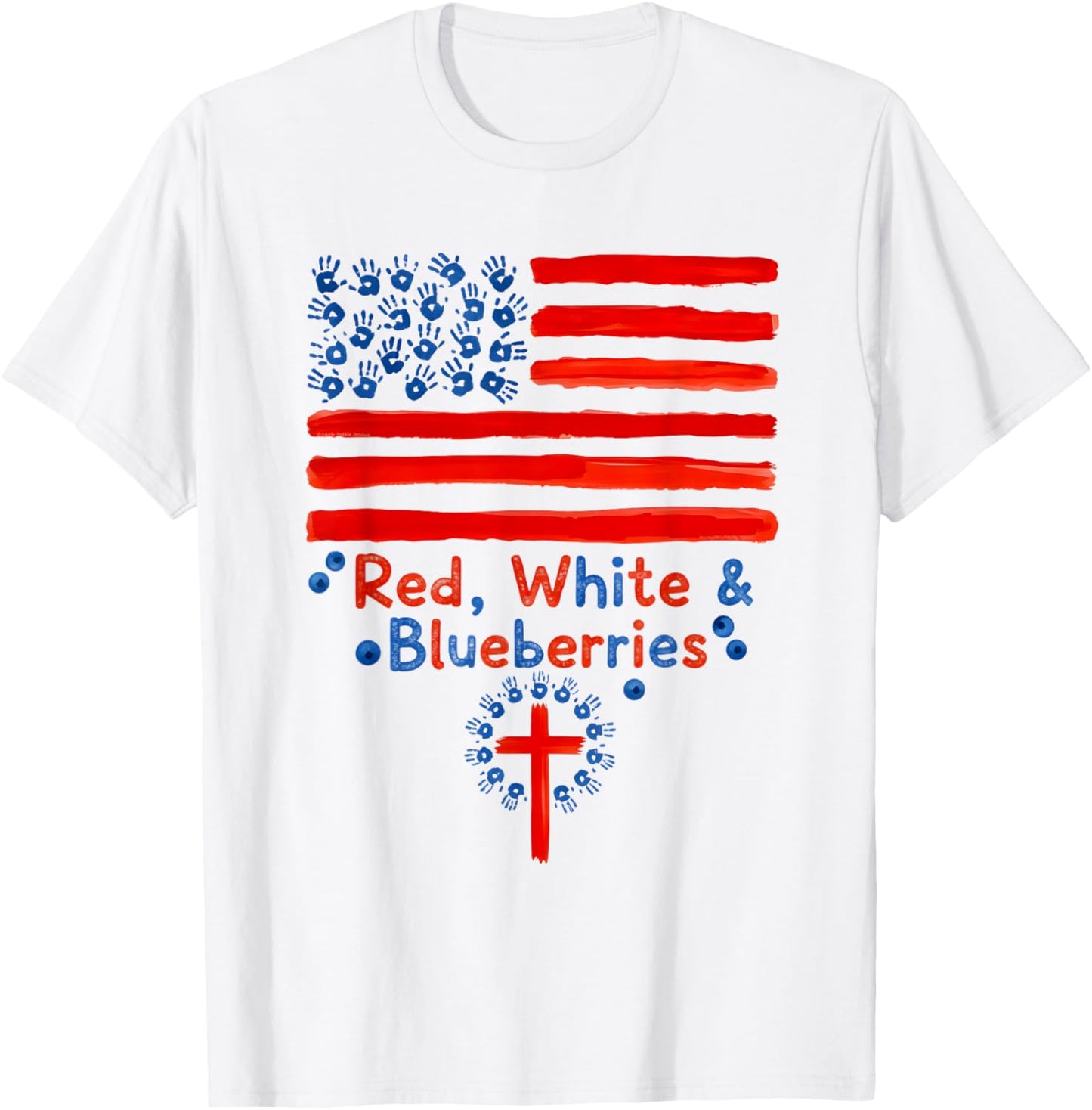Cute Red White and Blueberries Fingerpaint Flag and Cross T-Shirt - T-Shirt | White