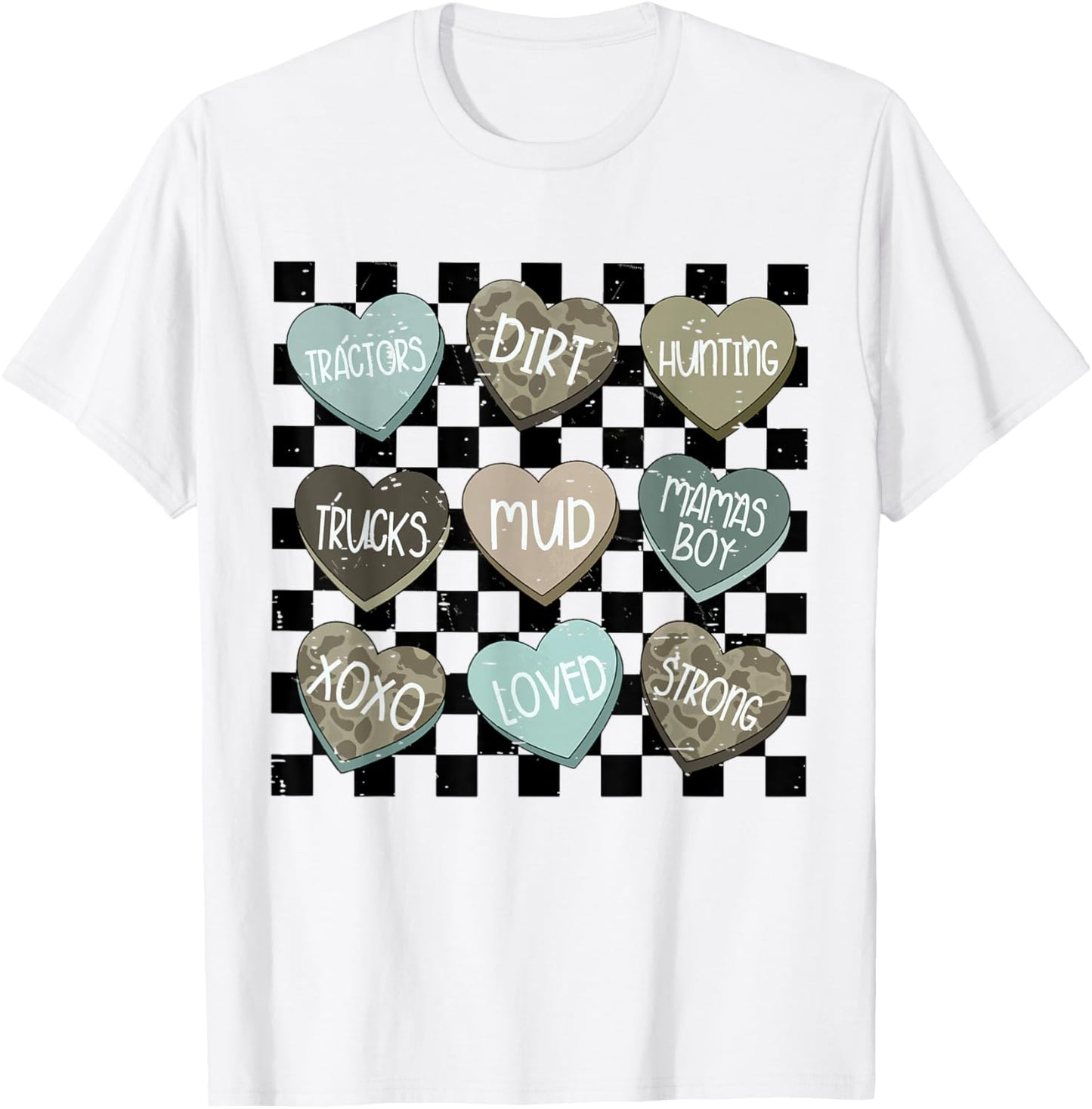 Retro Checkered Camo Hearts Valentine Loved XOXO Kids Boys T-Shirt - T-Shirt | White