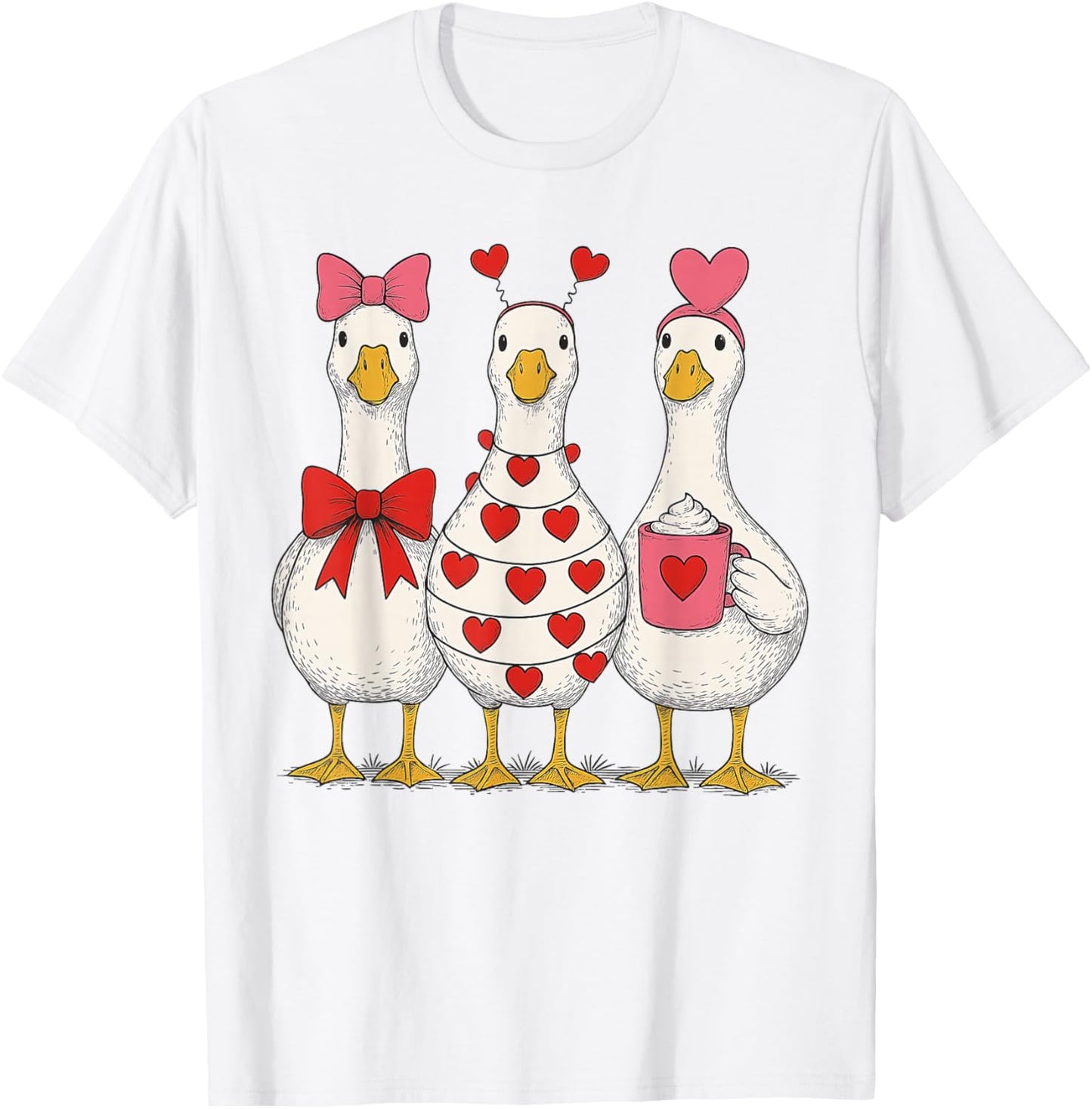 Valentine Goose Cute Heart Love Trio T-Shirt - T-Shirt | White