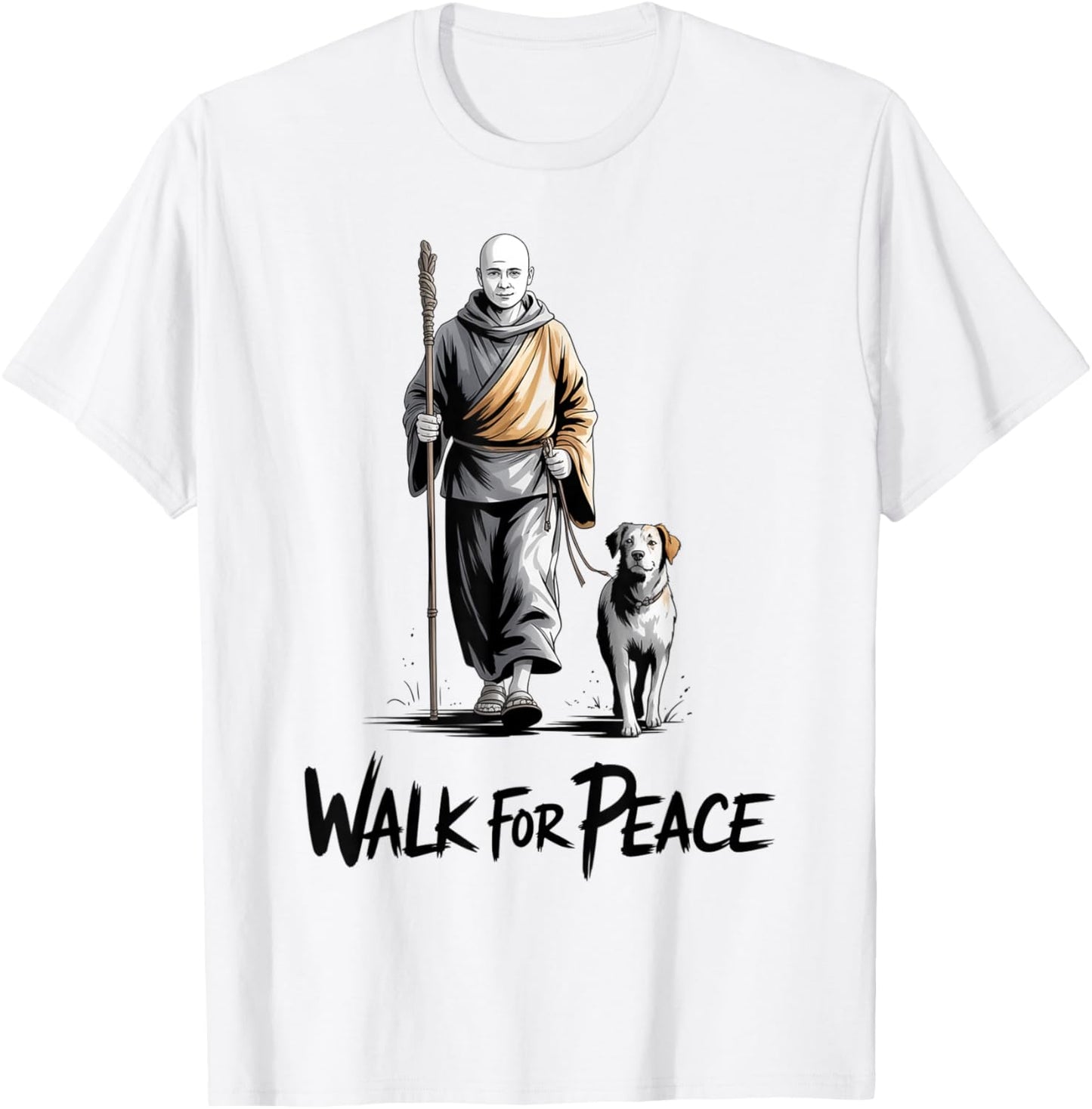 Retro Walk for Peace Monks with Aloka Dog Minimalist Zen Art T-Shirt - T-Shirt | White