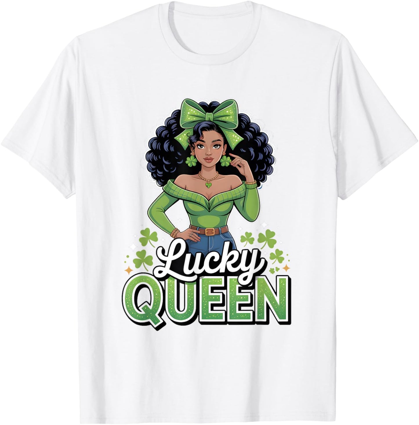 Lucky Queen St Patricks Day Black Girl Afro Shamrock Squad T-Shirt - T-Shirt | White