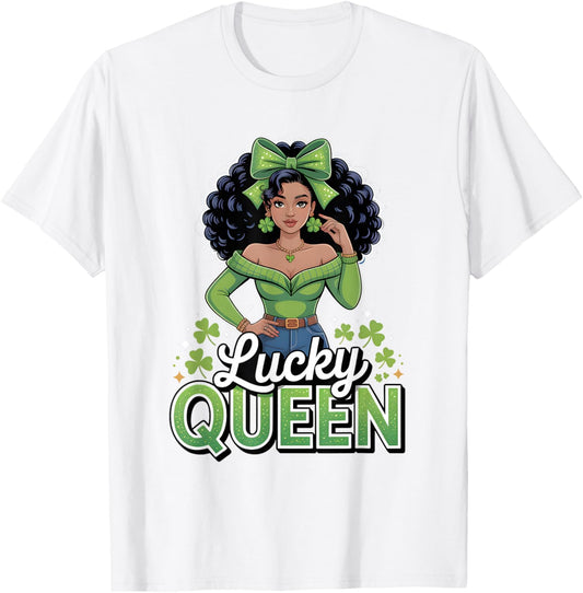 Lucky Queen St Patricks Day Black Girl Afro Shamrock Squad T-Shirt - T-Shirt | White