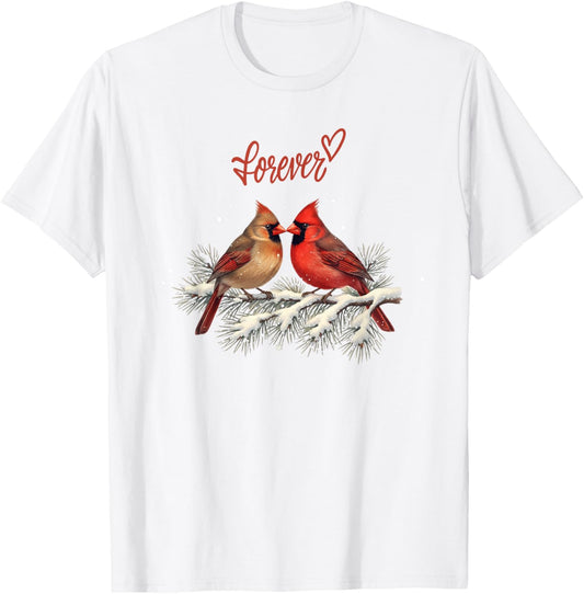 Snow Branch Cardinal Bird Couple Forever T-Shirt - T-Shirt | White