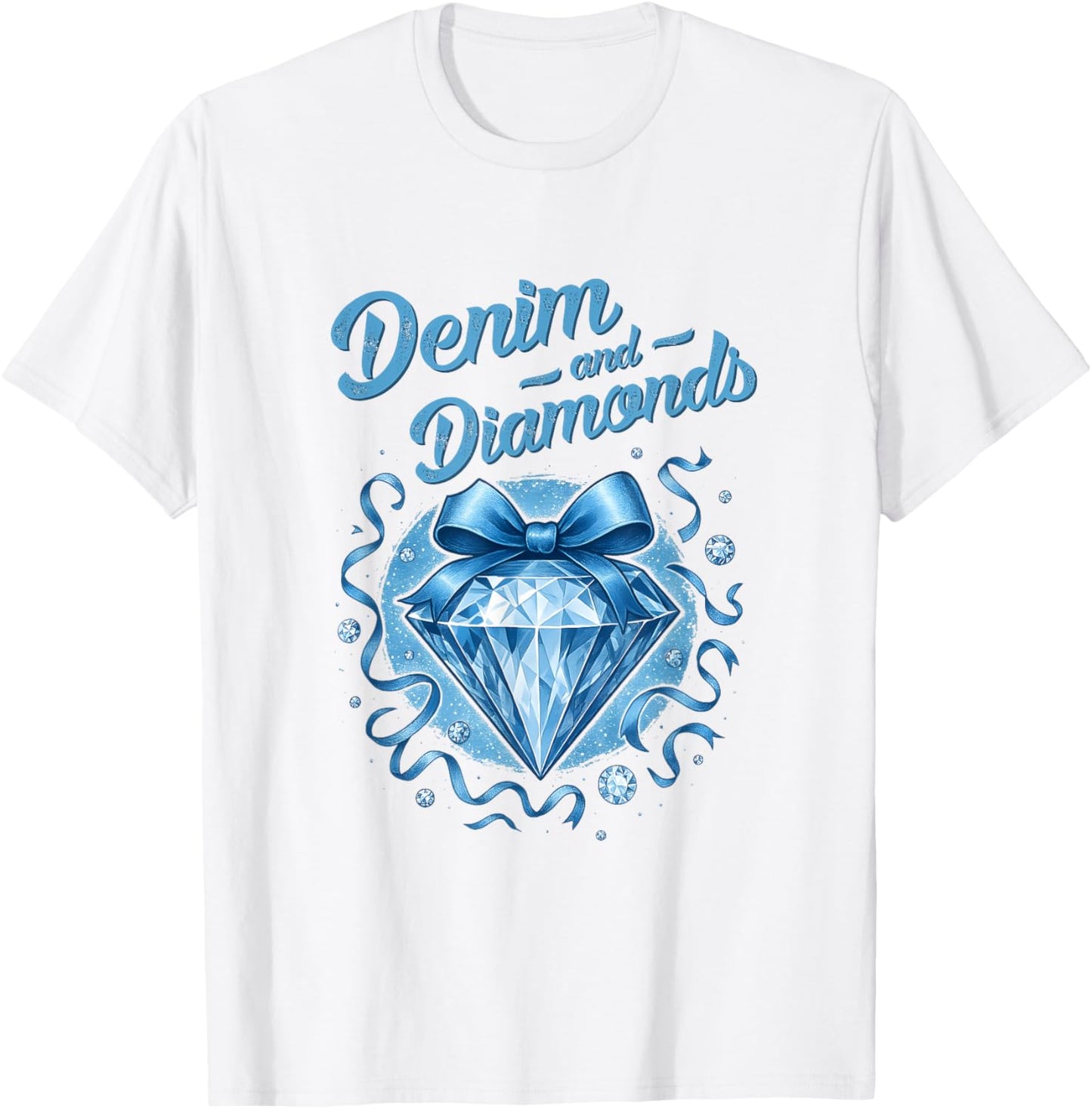 Denim and Diamonds Bow Ladies Girls Women T-Shirt - T-Shirt | White