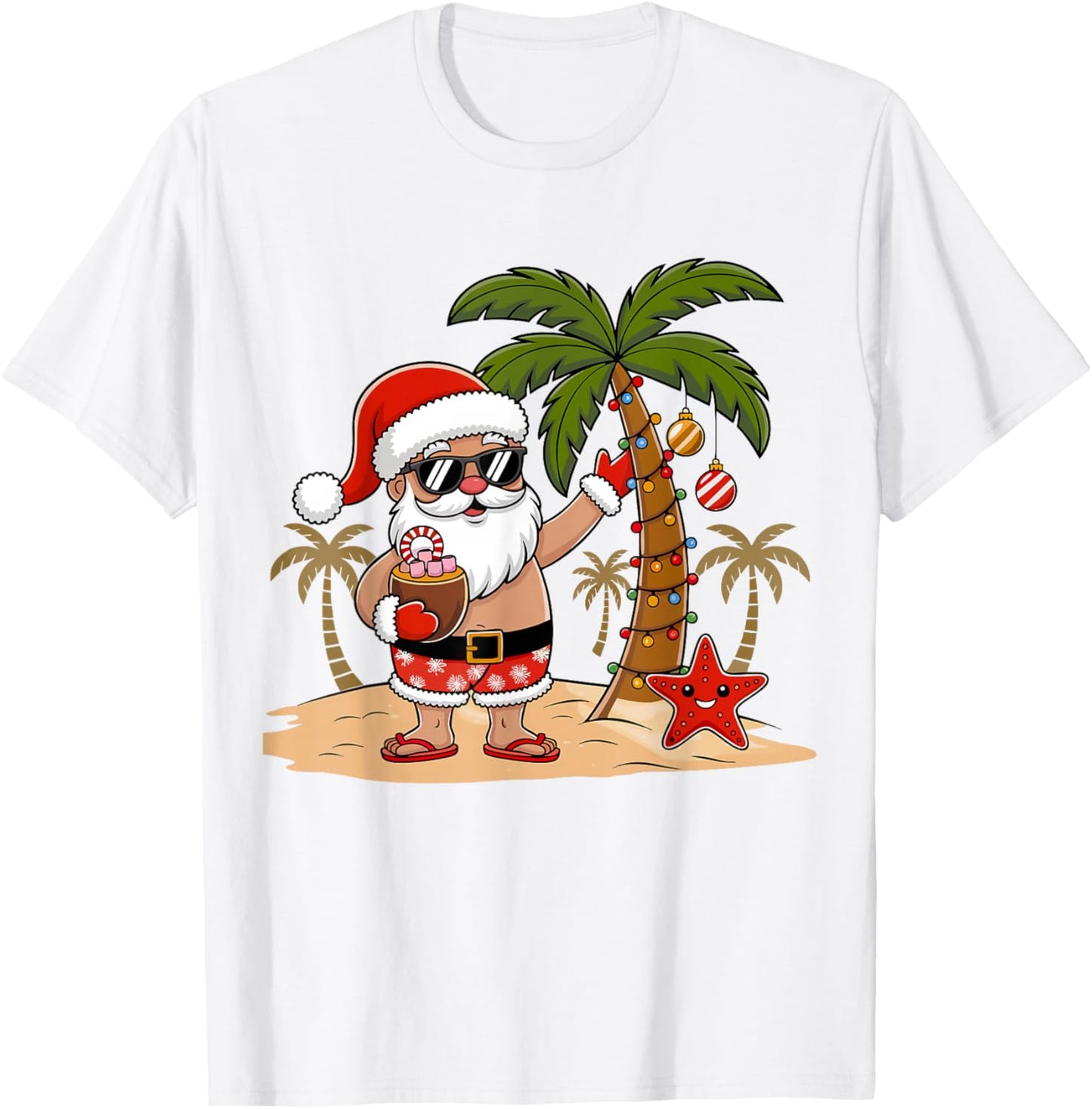Funny Christmas Santa Hawaiian Beach Xmas Palm Tree Tropical T-Shirt - T-Shirt | White