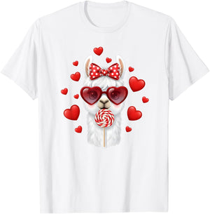 Cute Lollipop Llama Valentines Day Red Heart Funny T-Shirt - T-Shirt | White