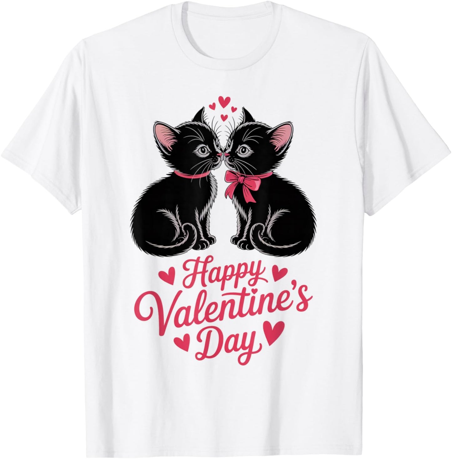 Happy Valentines Day Black Cat Couple Hearts Women Men T-Shirt - T-Shirt | White