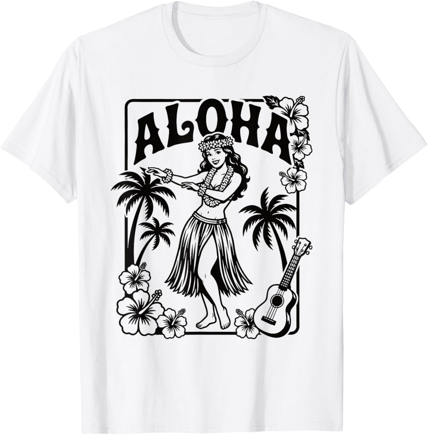 Aloha Hula Dancer Hibiscus Palm Trees Ukulele Retro Girl Art T-Shirt - T-Shirt | White