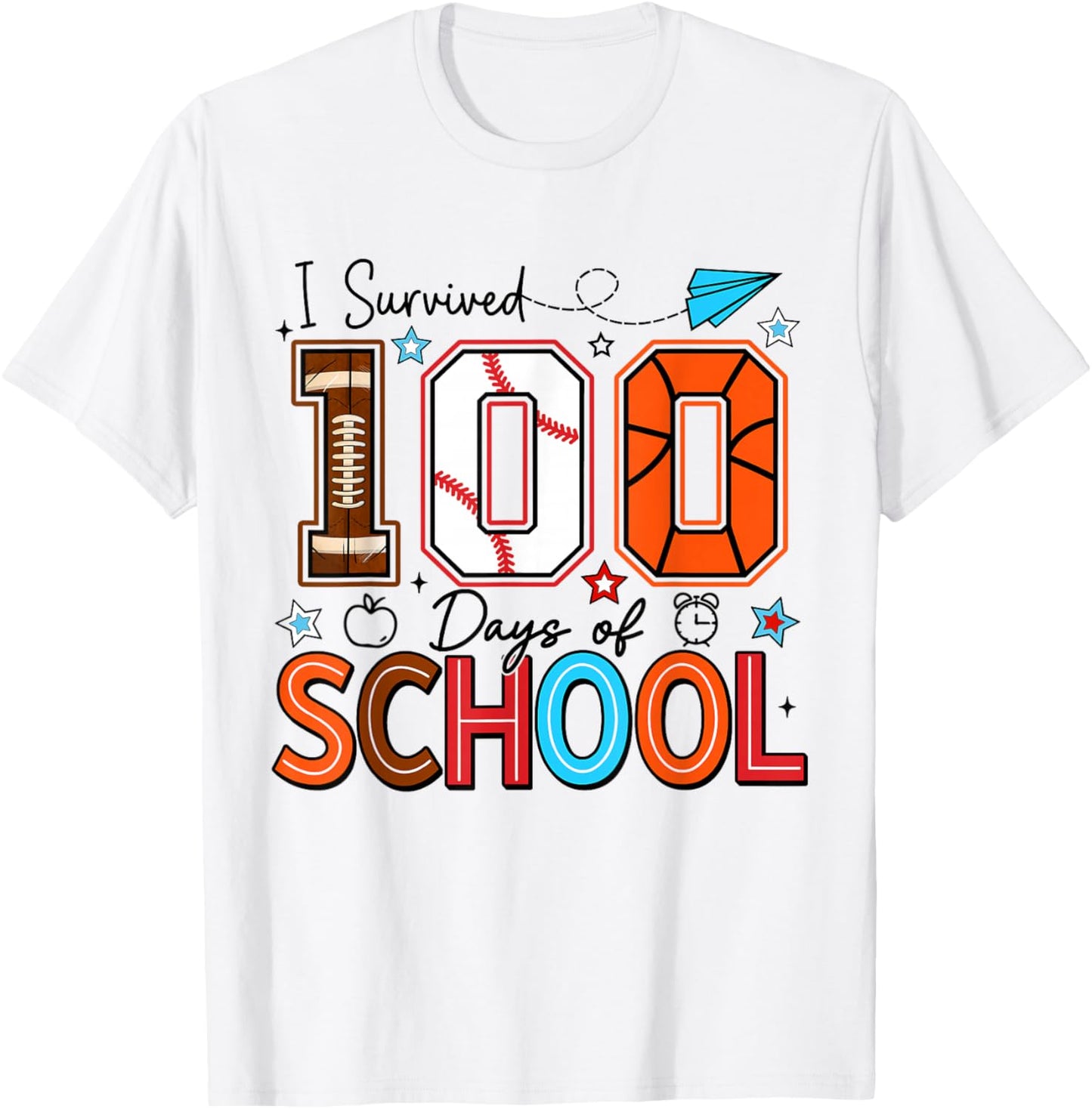 I Survived 100 Days Baseball Football Basketball School Kids T-Shirt - T-Shirt | White