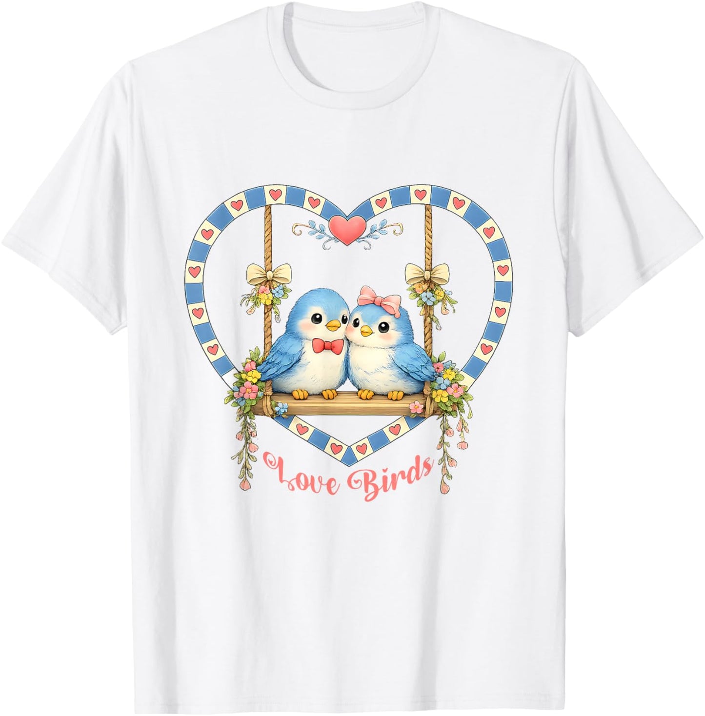 Vintage 80's Style Love Birds On Swing in Heart Flowers Bows T-Shirt - T-Shirt | White