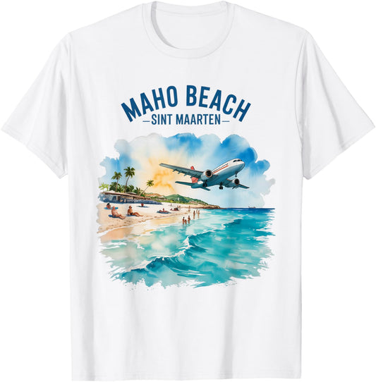 Maho Beach Sint Maarten Vintage Watercolor Beach Scene T-Shirt - T-Shirt | White