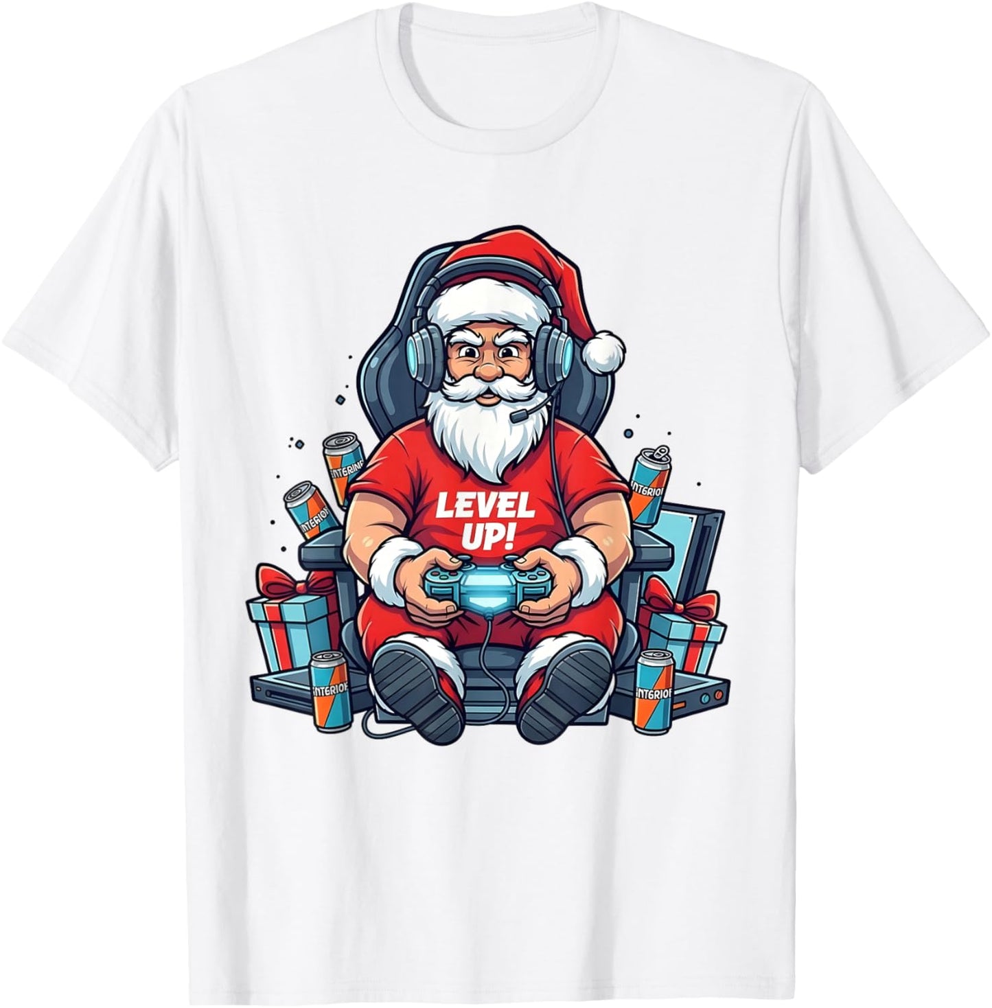 Santa Level Up Funny Gamer Holiday Christmas Video Game Art T-Shirt - T-Shirt | White