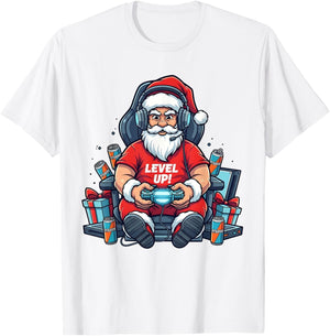 Santa Level Up Funny Gamer Holiday Christmas Video Game Art T-Shirt - T-Shirt | White