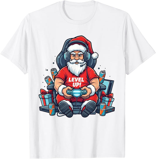 Santa Level Up Funny Gamer Holiday Christmas Video Game Art T-Shirt - T-Shirt | White