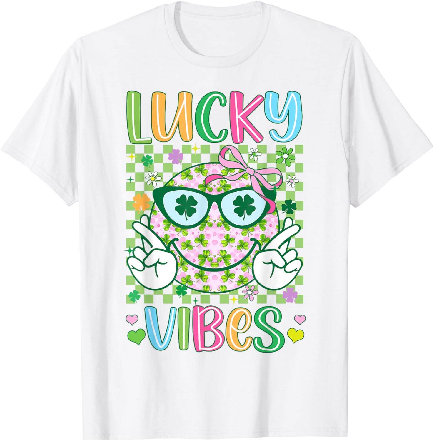 St Patricks Day Lucky Vibes Shamrock Women Girls Kids Irish T-Shirt - T-Shirt | White