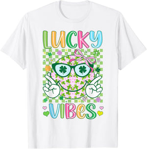 St Patricks Day Lucky Vibes Shamrock Women Girls Kids Irish T-Shirt - T-Shirt | White