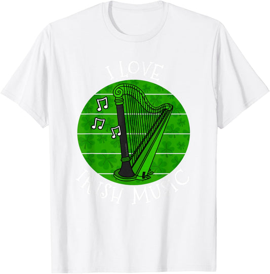 St Patrick's Day Harp, I Love Irish Music, Harpist Musician T-Shirt - T-Shirt | White