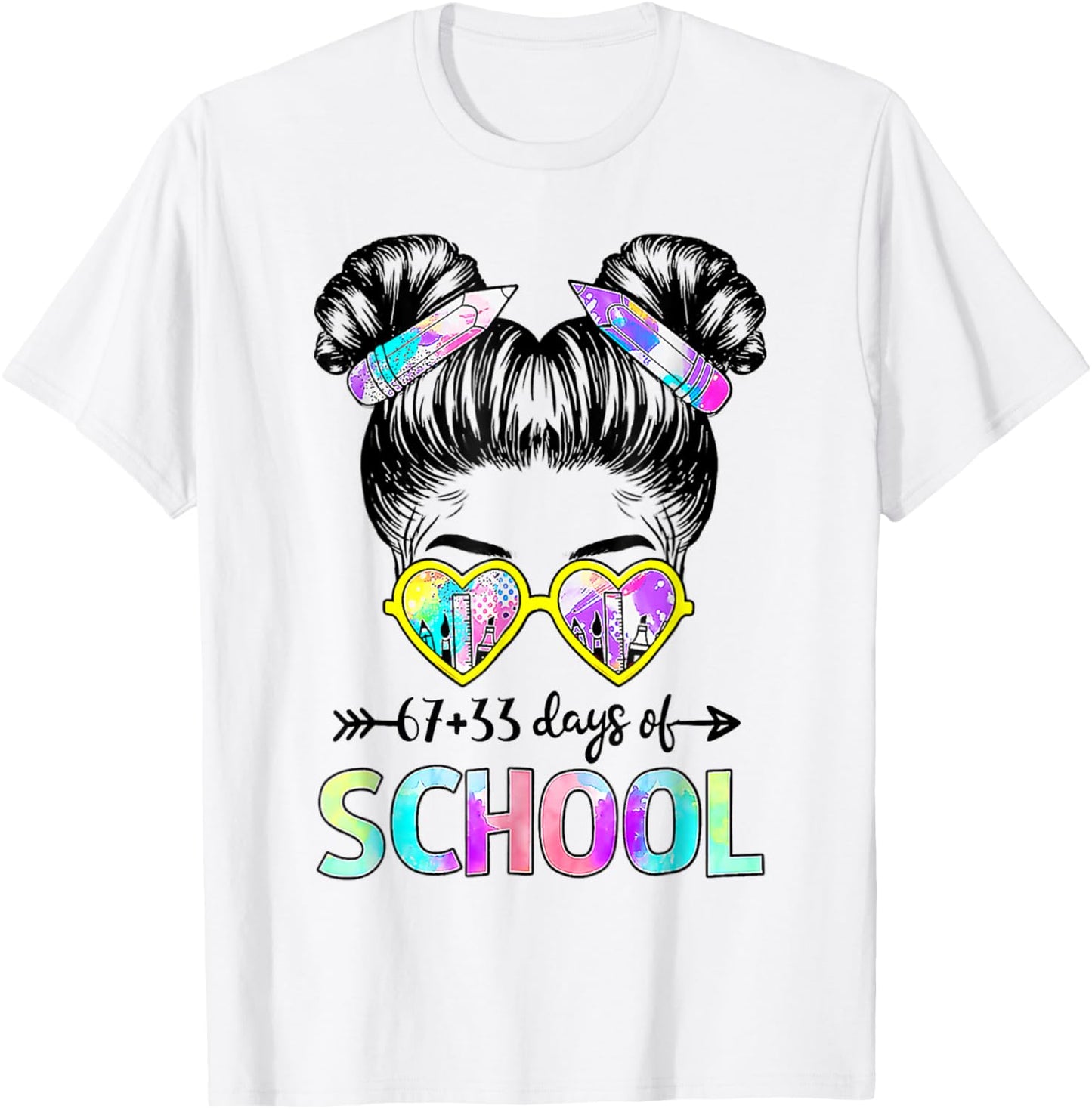 67 33 Days Smarter Girls Messy Bun Hair 100th Day of School T-Shirt - T-Shirt | White
